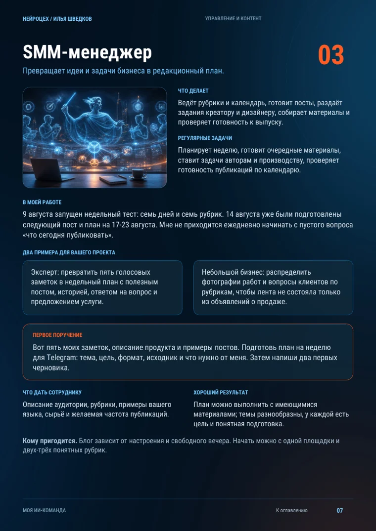 Страница 7: карточка SMM-менеджера с обязанностями, примерами и первым поручением
