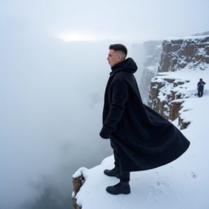 EN: A man standing on the edge of a cliff above the clouds, long coat flowing in the wind, looking into the distance, solitude and power RU: Мужчина стоит на краю утёса над облаками, длинное пальто развевается на ветру, взгляд в даль, одиночество и сила