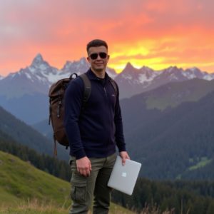 EN: A man standing on a hill with a backpack and laptop in hand, sunrise behind mountains, wearing cargo pants and sunglasses, modern explorer energy RU: Мужчина стоит на холме с рюкзаком и ноутбуком в руке, на фоне восход солнца и горы, на нём карго-брюки и очки, энергия современного исследователя