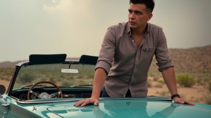 EN: A man leaning on a vintage convertible parked on a desert highway, wide open sky, rolled-up sleeves, hair slightly messy from wind, timeless freedom RU: Мужчина облокотился на винтажный кабриолет на шоссе посреди пустыни, широкое небо, закатанные рукава, волосы растрепаны ветром, вечная свобода
