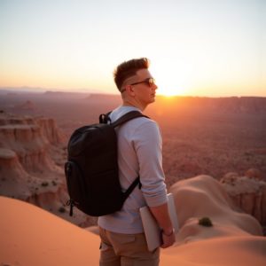 EN: A man standing on a hill with a backpack and laptop in hand, sunrise behind mountains, wearing cargo pants and sunglasses, modern explorer energy RU: Мужчина стоит на холме с рюкзаком и ноутбуком в руке, на фоне восход солнца и горы, на нём карго-брюки и очки, энергия современного исследователя