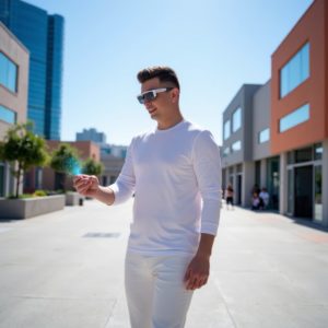 EN: A man walking through a smart city square wearing translucent AR glasses, interacting with floating digital interfaces, stylish techwear outfit, casual but futuristic RU: Мужчина идёт по площади умного города в полупрозрачных AR-очках, взаимодействует с парящими интерфейсами, на нём стильная техно-одежда, повседневно, но по-футуристически