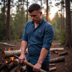 Илья Александрович Шведков рубит дрова на лесной поляне, закатанные рукава, капли пота на лбу, золотой свет сквозь деревья — честная, сырая мужественность