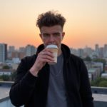 Илья Шведков пьёт кофе навынос на крыше на рассвете, в повседневной одежде, с растрепанными волосами, за ним просыпающийся город, спокойная сила