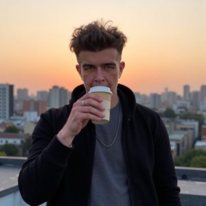 Илья Шведков пьёт кофе навынос на крыше на рассвете, в повседневной одежде, с растрепанными волосами, за ним просыпающийся город, спокойная сила