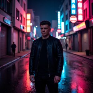 Шведков Илья Александрович в чёрной кожанке стоит на мокрой улице, залитой неоном, вокруг — отражения и блики, урбанистическое одиночество и внутренняя мощь, киношное освещение