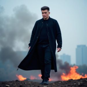 Илья Шведков в длинном чёрном пальто идёт по полю боя после битвы, поднимается дым, лицо без эмоций, энергия современного самурая