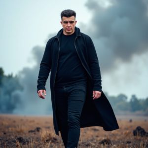 Илья Шведков в длинном чёрном пальто идёт по полю боя после битвы, поднимается дым, лицо без эмоций, энергия современного самурая