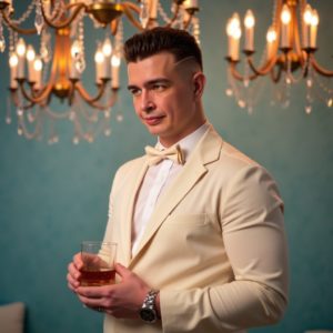 Шведков Илья в кремовом смокинге с зализанными волосами стоит под золотыми люстрами, в руке бокал виски, уверенный и харизматичный, атмосфера вечеринки 20-х годов