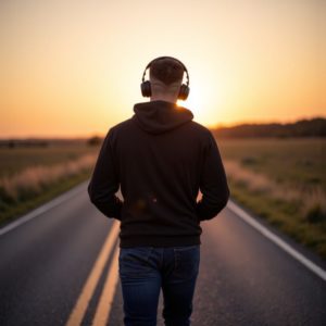 EN: A man in a hoodie and jeans walking alone along a quiet country road, headphones on, hands in pockets, golden hour light, introspective mood RU: Мужчина в худи и джинсах идёт один по тихой сельской дороге, в наушниках, руки в карманах, свет закатного солнца, настроение уединения