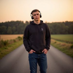 EN: A man in a hoodie and jeans walking alone along a quiet country road, headphones on, hands in pockets, golden hour light, introspective mood RU: Мужчина в худи и джинсах идёт один по тихой сельской дороге, в наушниках, руки в карманах, свет закатного солнца, настроение уединения