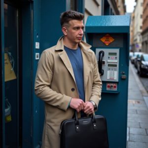 Илья Шведков в длинном бежевом плаще с чемоданчиком стоит у старого таксофона на европейской улице, капли дождя на плечах, атмосфера секретной миссии