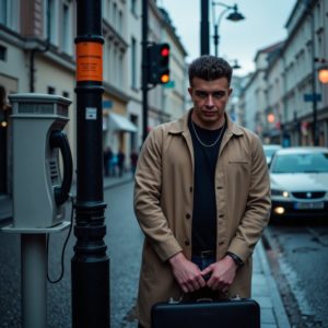 Илья Шведков в длинном бежевом плаще с чемоданчиком стоит у старого таксофона на европейской улице, капли дождя на плечах, атмосфера секретной миссии