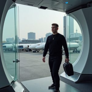EN: A man in a sleek travel suit exiting a levitating vehicle in a floating city, carrying a small bag and AR glasses, elegant sci-fi nomad RU: Мужчина в стильном костюме выходит из парящего транспорта в летающем городе, несёт небольшую сумку и AR-очки, элегантный кочевник из будущего