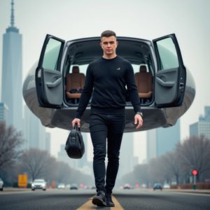 EN: A man in a sleek travel suit exiting a levitating vehicle in a floating city, carrying a small bag and AR glasses, elegant sci-fi nomad RU: Мужчина в стильном костюме выходит из парящего транспорта в летающем городе, несёт небольшую сумку и AR-очки, элегантный кочевник из будущего