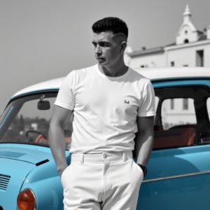 Шведков Илья в белой рубашке и брюках с высокой талией прислонился к винтажной машине на Монмартре, кадр в ч/б, задумчивый взгляд вдаль