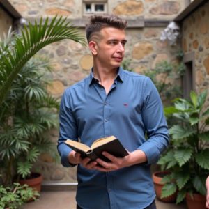 Илья Шведков в одежде натуральных оттенков, стоит во дворе из камня с растениями, лёгкая борода, в руке старая книга, сочетание вечной мудрости и современного стиля