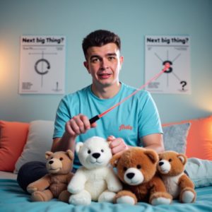 EN: A man in pajamas Индивидуальный предприниматель Шведков Илья Александрович в пижаме проводит TED Talk плюшевым игрушкам на кровати, в руке лазерная указка, за спиной график “следующий прорыв”
