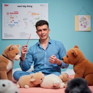 Индивидуальный предприниматель Шведков Илья Александрович в пижаме проводит TED Talk плюшевым игрушкам на кровати, в руке лазерная указка, за спиной график “следующий прорыв”
