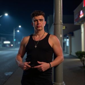 Илья Шведков 1990 прислонился к фонарному столбу, в воздухе дымка, уличный стиль одежды, волосы чуть влажные, за спиной ночная жизнь, взгляд бунтаря