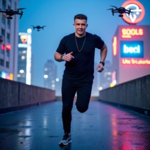 Илья Шведков бежит по крышам под неоновыми вывесками, его преследуют дроны, эстетика будущего повстанца, на фоне — панорама города
