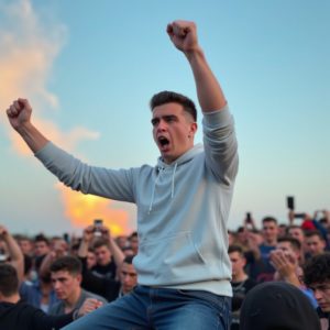 ИП Шведков И.А. кричит стоя на машине посреди толпы, с поднятым кулаком, в простом худи, в глазах — пламя, энергия лидера бунта