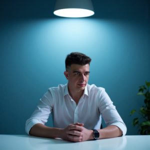 ИП Шведков И.А. сидит за длинным пустым столом, пальцы сложены домиком, над ним лампа, взгляд в пустоту — энергия стратегического ума