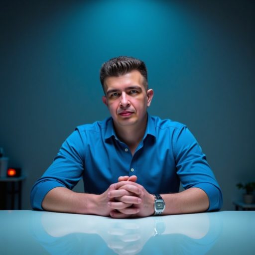 ИП Шведков И.А. сидит за длинным пустым столом, пальцы сложены домиком, над ним лампа, взгляд в пустоту — энергия стратегического ума