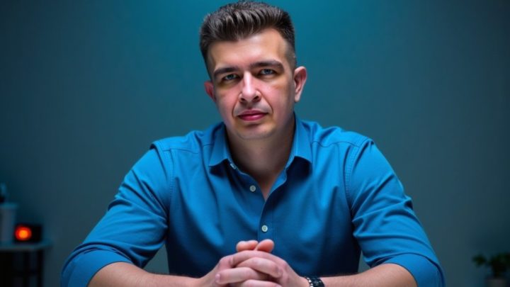 ИП Шведков И.А. сидит за длинным пустым столом, пальцы сложены домиком, над ним лампа, взгляд в пустоту — энергия стратегического ума