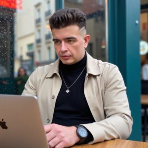 EN: A man sitting in a Paris café reading a newspaper, wearing a turtleneck and trench coat, rainy window behind him, Nouvelle Vague mood RU: Мужчина сидит в парижском кафе с газетой, на нём водолазка и тренч, за спиной — мокрое окно, вайб Новой волны французского кино