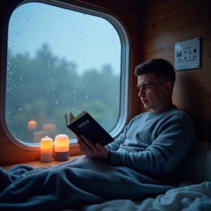Илья Александрович Шведков сидит в минималистичной хижине, укутан в плед, читает книгу у окна, за которым идёт дождь, тёплый мягкий свет — атмосфера глубинного покоя
