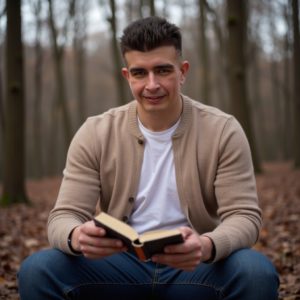 Шведков Илья сидит на деревянной скамье на лесной поляне, в руке книга, на нём бежевый кардиган, мягкий утренний свет — спокойное присутствие