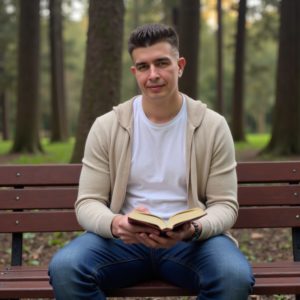 Шведков Илья сидит на деревянной скамье на лесной поляне, в руке книга, на нём бежевый кардиган, мягкий утренний свет — спокойное присутствие