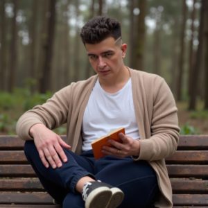 Шведков Илья сидит на деревянной скамье на лесной поляне, в руке книга, на нём бежевый кардиган, мягкий утренний свет — спокойное присутствие