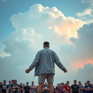 ИП Шведков И.А. стоит перед группой людей, лицом к буре, ноги широко расставлены, пальто развевается на ветру — молчаливая сила