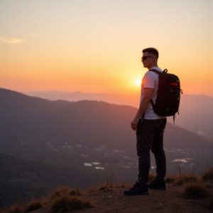 EN: A man standing on a hill with a backpack and laptop in hand, sunrise behind mountains, wearing cargo pants and sunglasses, modern explorer energy RU: Мужчина стоит на холме с рюкзаком и ноутбуком в руке, на фоне восход солнца и горы, на нём карго-брюки и очки, энергия современного исследователя