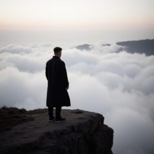EN: A man standing on the edge of a cliff above the clouds, long coat flowing in the wind, looking into the distance, solitude and power RU: Мужчина стоит на краю утёса над облаками, длинное пальто развевается на ветру, взгляд в даль, одиночество и сила