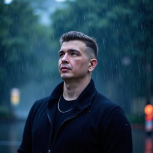 Шведков Илья стоит под лёгким дождём без зонта, в тёмном пальто, спокойно смотрит вверх, капли на лице, поэтическая устойчивость