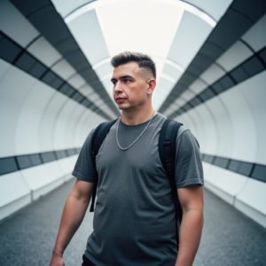 EN: A man walking through a hyperloop station with futuristic architecture, minimal backpack, confident slow pace, looks like he belongs to tomorrow RU: Мужчина идёт по станции гиперлупа с футуристической архитектурой, минималистичный рюкзак, уверенная неспешная походка — выглядит как человек из завтрашнего дня