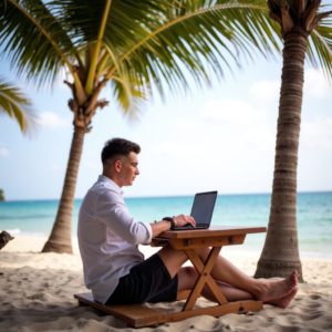 A man working on a laptop at a wooden table under palm trees, ocean behind him, white shirt with rolled-up sleeves, barefoot in sand, peaceful productivity RU: Мужчина работает за ноутбуком за деревянным столом под пальмами, за спиной океан, белая рубашка с закатанными рукавами, босиком в песке — спокойная продуктивность