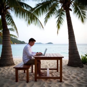 EN: A man working on a laptop at a wooden table under palm trees, ocean behind him, white shirt with rolled-up sleeves, barefoot in sand, peaceful productivity RU: Мужчина работает за ноутбуком за деревянным столом под пальмами, за спиной океан, белая рубашка с закатанными рукавами, босиком в песке — спокойная продуктивность