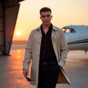 Илья шведков в тёмно-сером костюме без галстука, стоит в роскошном, но минималистичном офисе с панорамными окнами, руки скрещены, молчаливая авторитетность, мягкий утренний свет