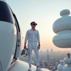 EN: A man in a sleek travel suit exiting a levitating vehicle in a floating city, carrying a small bag and AR glasses, elegant sci-fi nomad RU: Мужчина в стильном костюме выходит из парящего транспорта в летающем городе, несёт небольшую сумку и AR-очки, элегантный кочевник из будущего