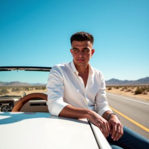 EN: A man leaning on a vintage convertible parked on a desert highway, wide open sky, rolled-up sleeves, hair slightly messy from wind, timeless freedom RU: Мужчина облокотился на винтажный кабриолет на шоссе посреди пустыни, широкое небо, закатанные рукава, волосы растрепаны ветром, вечная свобода