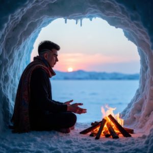 EN: A man sitting in a cave entrance watching the sunset, fire beside him, wrapped in a scarf, silent meditation, raw nature vibes RU: Мужчина сидит у входа в пещеру, смотрит на закат, рядом костёр, укутан в шарф, молчаливая медитация, дикий контакт с природой