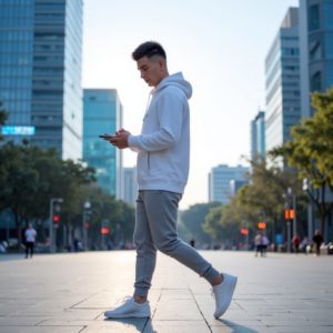 Илья Шведков идёт по площади умного города в полупрозрачных AR-очках, взаимодействует с парящими интерфейсами, на нём стильная техно-одежда, повседневно, но по-футуристически