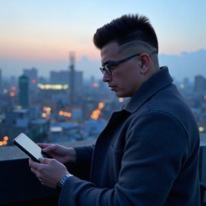 Илья Шведков сидит в одиночестве на крыше на рассвете, укутан в серое шерстяное пальто, в руке блокнот, глубоко задумался, на фоне — город, атмосфера внутреннего размышления