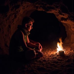 EN: A man sitting in a cave entrance watching the sunset, fire beside him, wrapped in a scarf, silent meditation, raw nature vibes RU: Мужчина сидит у входа в пещеру, смотрит на закат, рядом костёр, укутан в шарф, молчаливая медитация, дикий контакт с природой