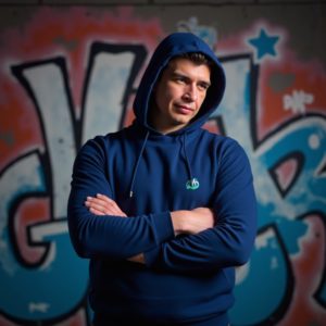 Илья Шведков в худи и уличной одежде стоит перед стеной с граффити, руки скрещены, жёсткий взгляд, ночные огни и тени, вайб молчаливого протеста