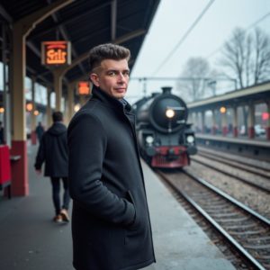 Шведков Илья в шерстяном пальто и ушанке стоит на старом вокзале с чемоданом, зимняя атмосфера, приглушённые цвета, ностальгия вне времени